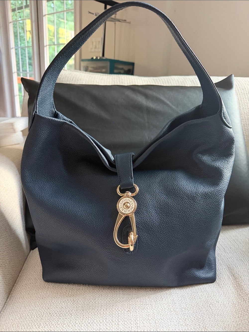 Black Leather Shoulder Hobo with Gold-Tone Clasp